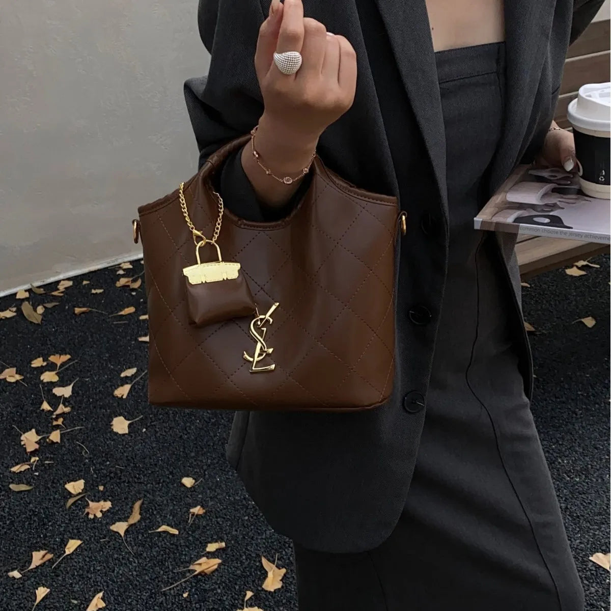 Luxury Chain Strap Bag with Detachable Charm, Designer Inspired Shoulder & Crossbody Purse for Women, Trendy Versatile Handbag