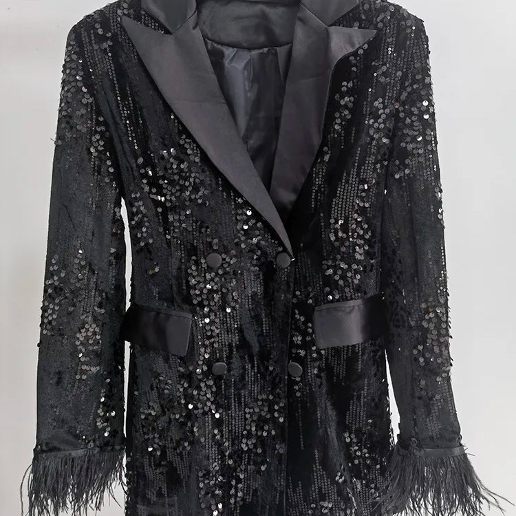 TWOTWINSTYLE Sequins Black Blazer For Women Notched Collar Long Sleeve Patchwork Feathers Cuff Solid Blazers Female Clothing New Black