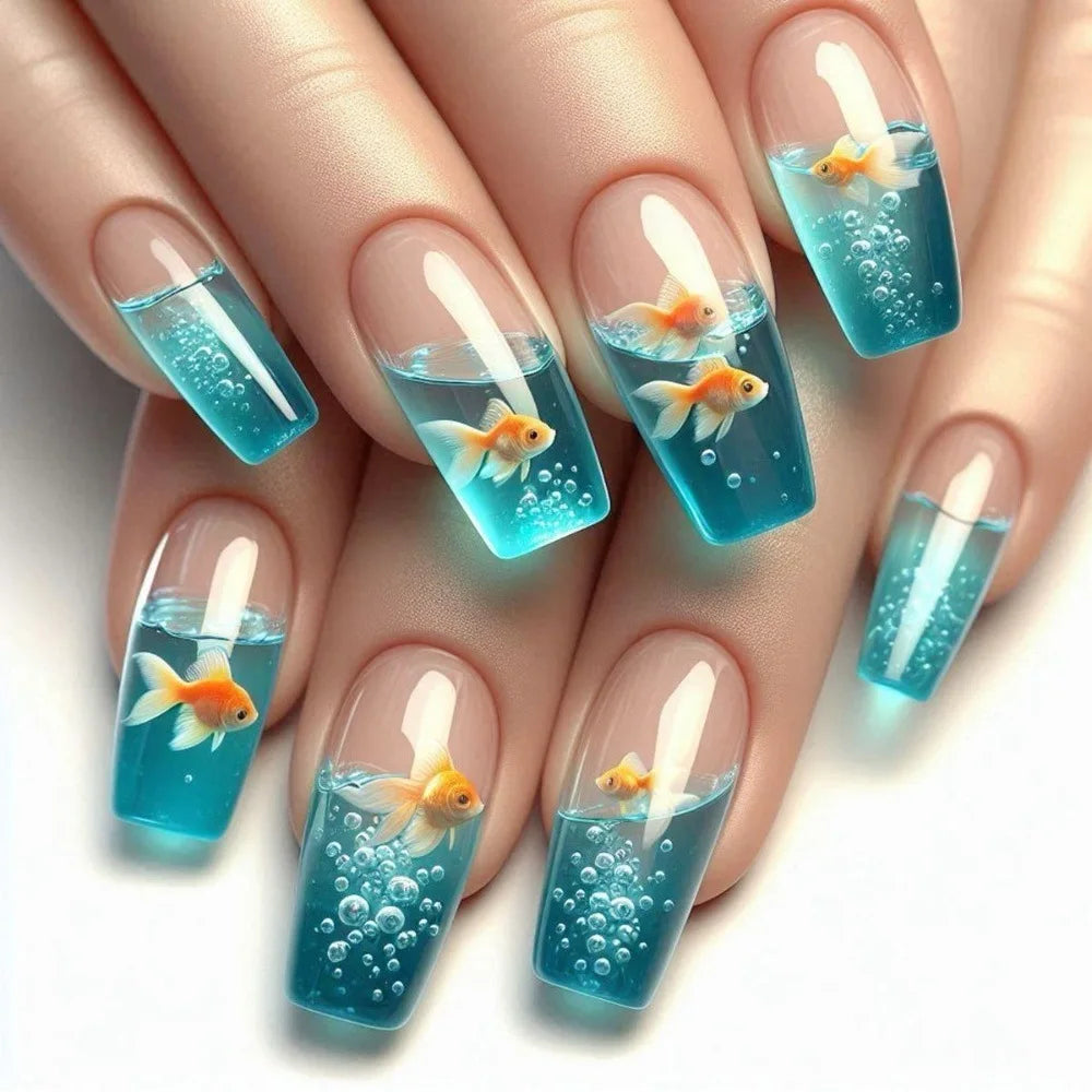 24pcs/set Medium long fake nails Gradient blue ocean fish sun flowers butterfly square ballet summer tips press on false nail
