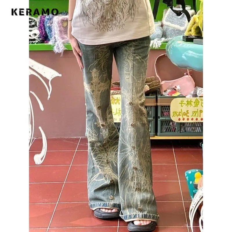 American Vintage High Waist High Street Style Blue Straight Jeans Pants Women's Wide Leg Print Baggy Y2K Retro Denim Trouser