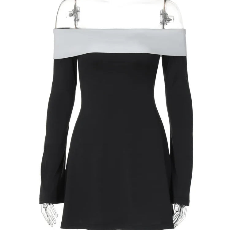 Mozision Off-shoulder Long Sleeve Mini Dress For Women Autumn Winter New Patchwork Strapless Backless A-line Sexy Dress Elegant