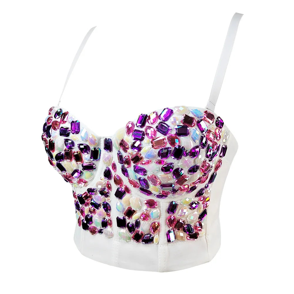 Fashion Sexy Women's Bustier Bra Hand-made Pearls Jewel Diamond Beading Crop Tops Female Cropped Sling Vest Top Bling Bra style 1 as pic 1