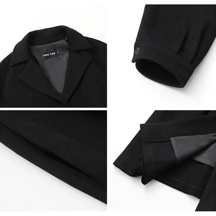 Autumn Winter Long Flowy Luxury Vintage Black Warm Thick Woolen Coat Women Luxury Designer Fake 2 Pieces Clothes 2023