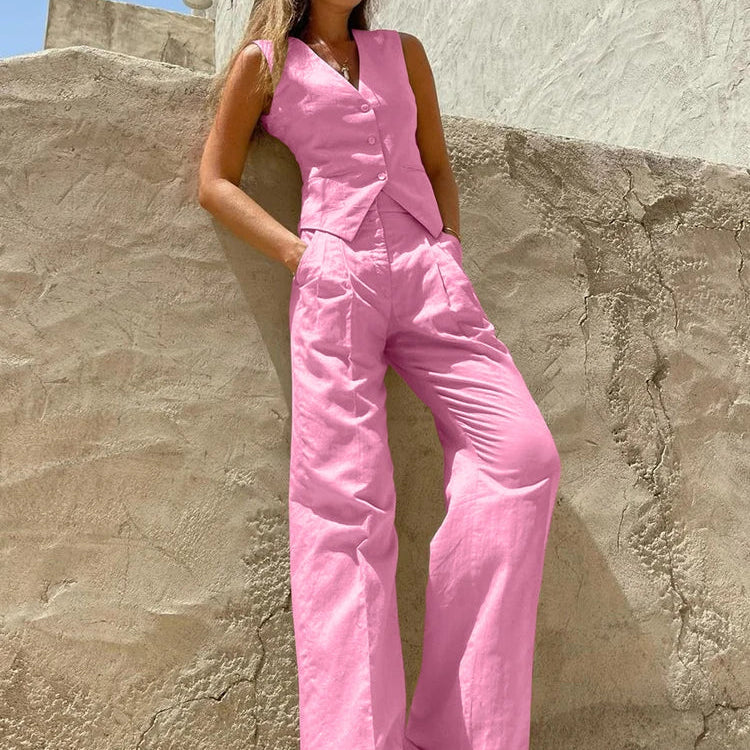Mnealways18 Khaki Elegant Women 2 Pieces Sets Cotton Linen V-Neck Sleeveless Vest Outfit Summer Vacation Wide Leg Pant Sets 2023