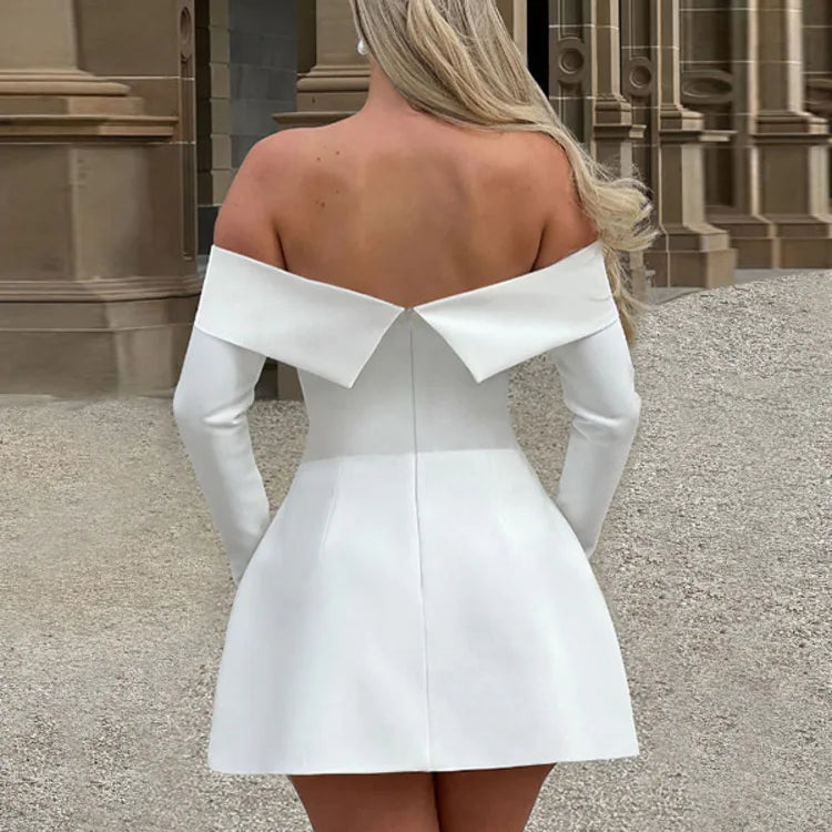 Off-shoulder Long Sleeve Sexy Mini Dress For Women Two Pocket Strapless Backless A-line Club Party Sexy Dress Elegant