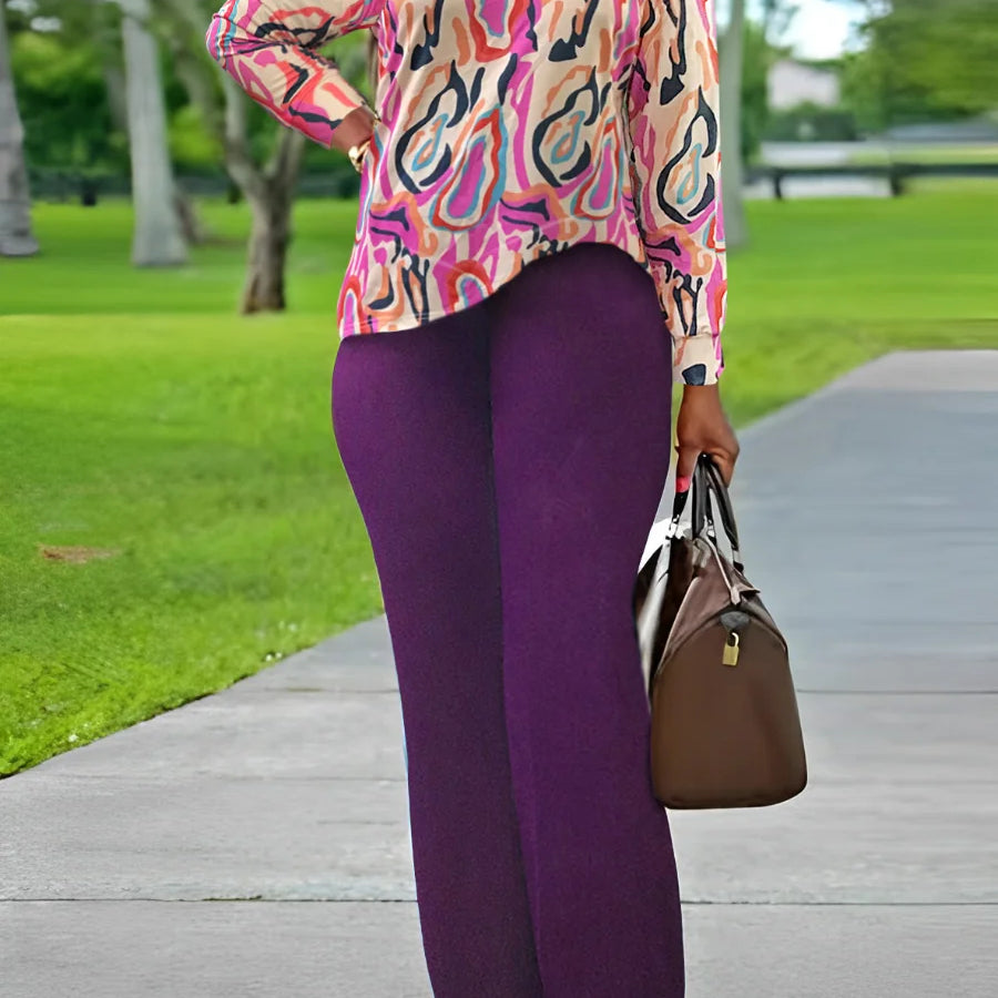 LW Plus Size V Neck Mixed Print Side Split Pants Set Casual Long Sleeve Top Fashion Loose Two Piece Set Outfit