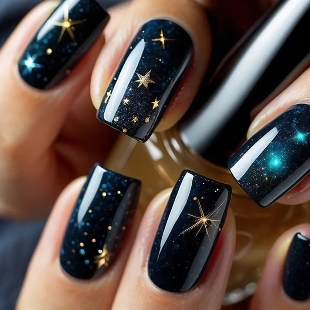 Shiny Blue Fake Nails 24Pcs Short Square Press On Nails Sparkly Gold Star Designs Reusable Acrylic False Nails Tips for Woman