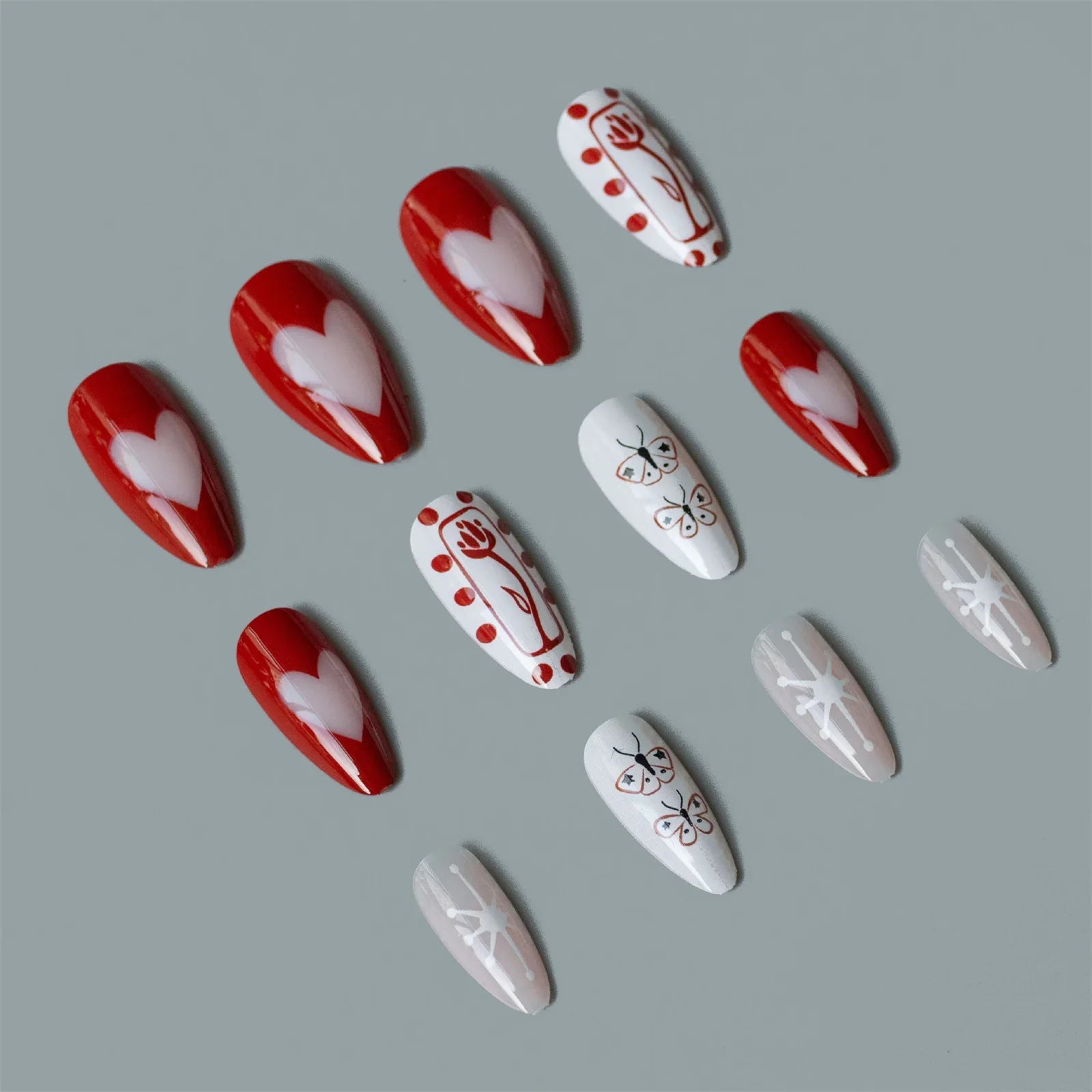 Retro Short Almond Fake Nails 24Pcs Red/White Press On Nails Love Heart/Flower/Butterfly Printed Women Valentine's Day Nails Art