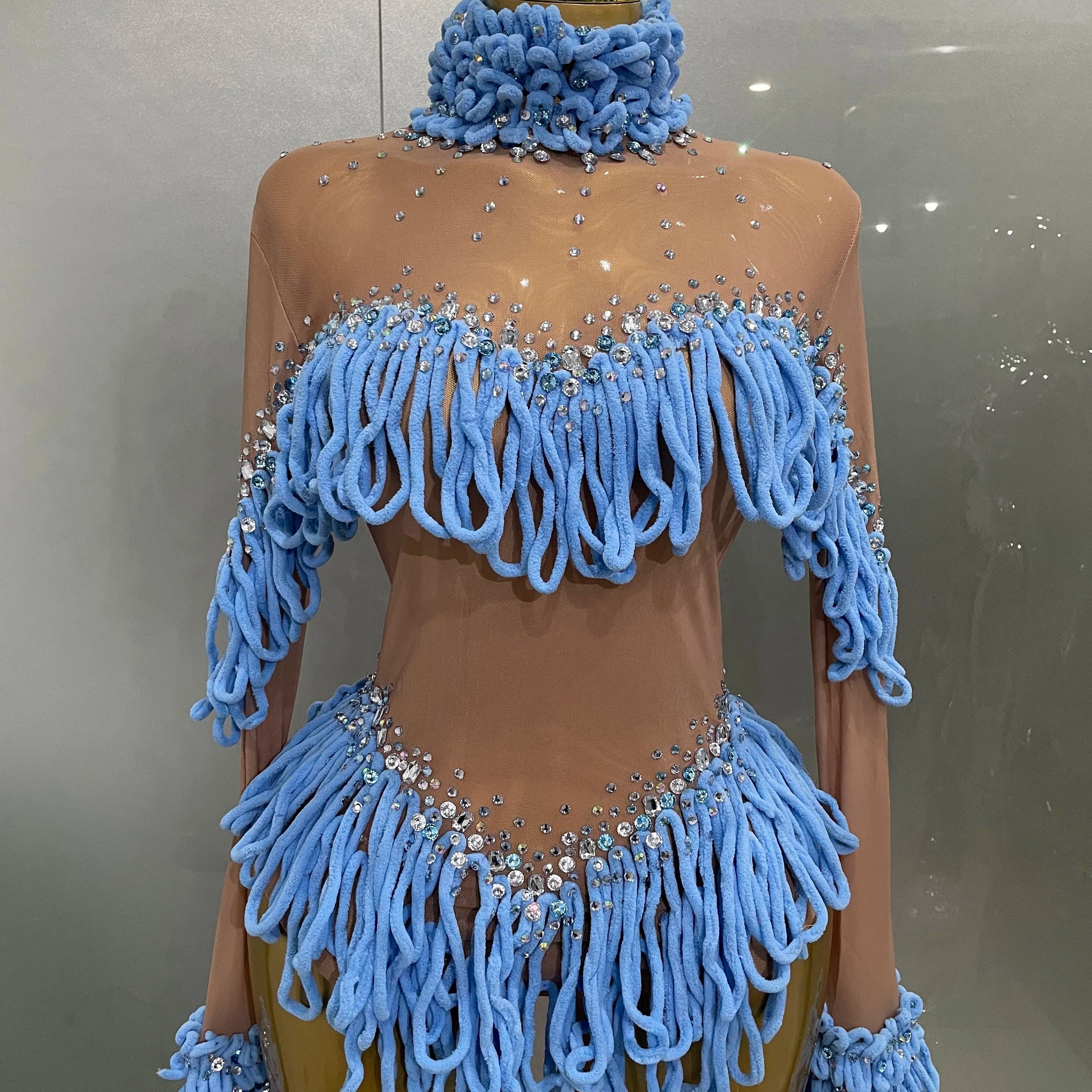 2025 New Women Shining Rhinestones Sexy Mesh Tassels Bodysuit Birthday Party Club Performance Dance DJ Leotard Show Stage Wear