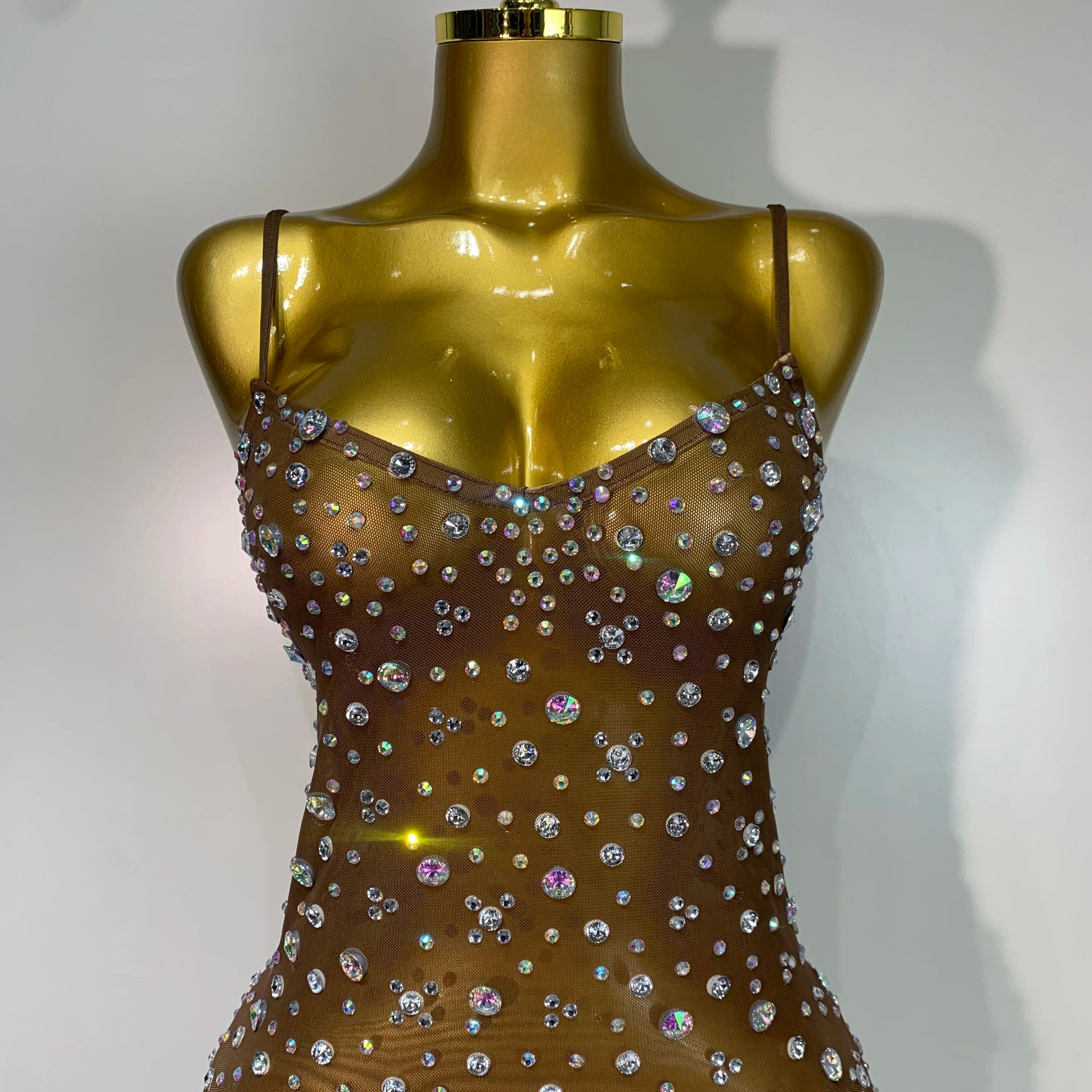 Sparkly Rhinestone Stretchy Mesh See Through Dress Women 2025 Performance Dancer Costume Luxury Birthday Nightclub Stage Outfit