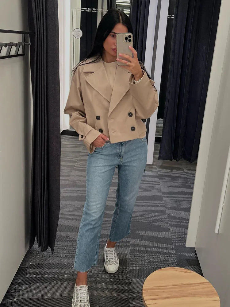 Autumn Short Windbreaker Women's Jacket TRAF Elegant Loose Retro Double-Breasted Windproof Lady Long-Sleeved Jacket