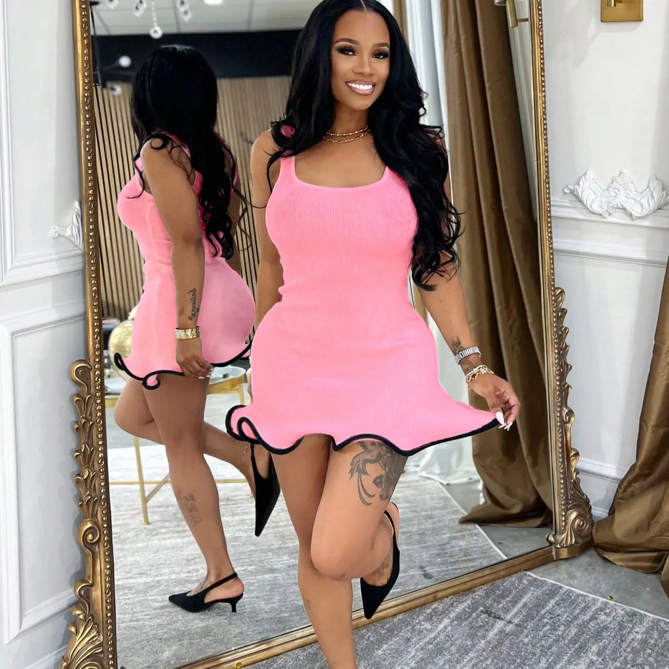 CM.YAYA Women Sleeveless O-neck Tank Mini Dress 2025 Summer Slim Sexy Sweet Club Party Evening High Street Ruffles Dresses Pink