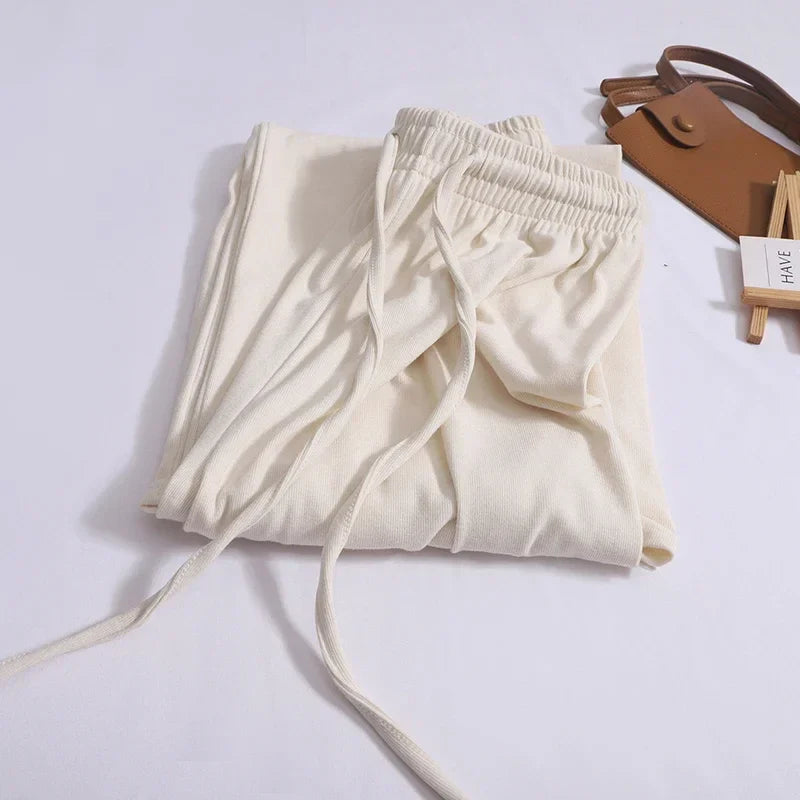 ABRINI Women Drawstring Elastic Waist Thin Solid Pants Casual Straight Pants Sports Wide Leg Trousers For Women Spring APRICOT One Size