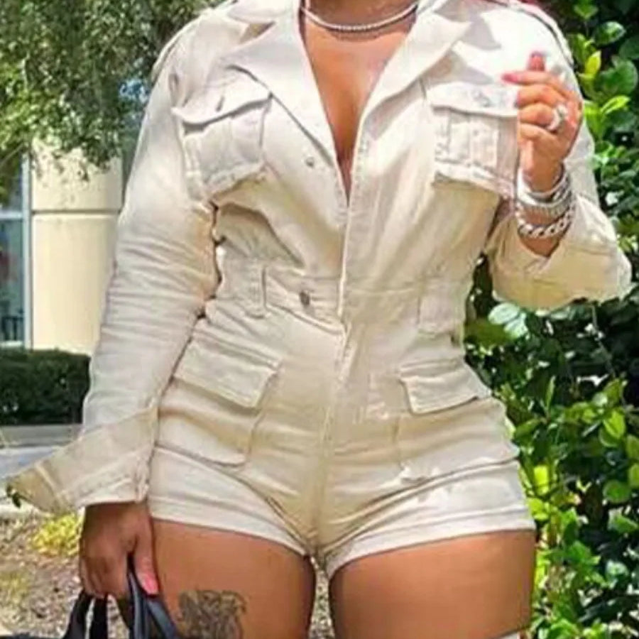 Shorts jumpsuit Button Pocket Design Romper cargo jumpsuit pants Spring Women long sleeve Casual Turn-Down jumpsuit Beige