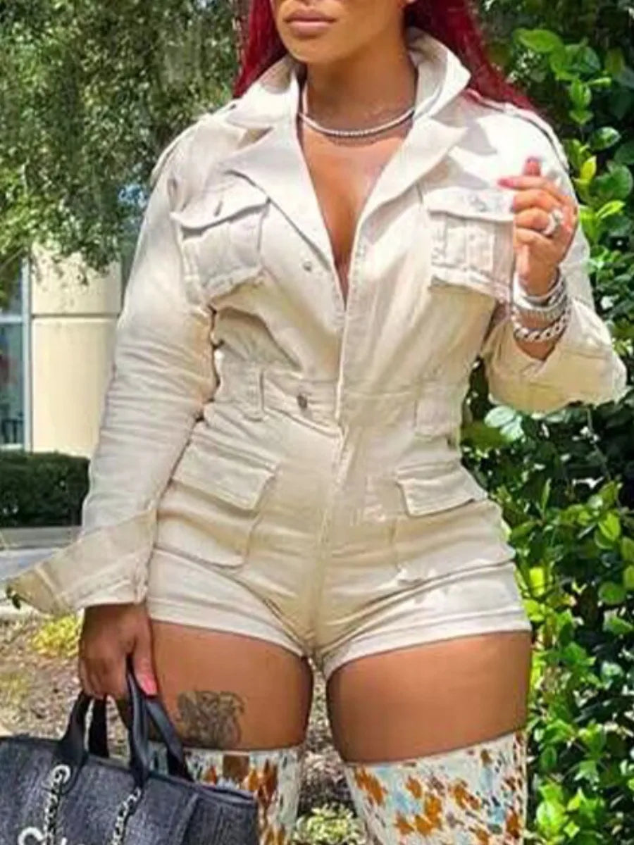 Shorts jumpsuit Button Pocket Design Romper cargo jumpsuit pants Spring Women long sleeve Casual Turn-Down jumpsuit Beige