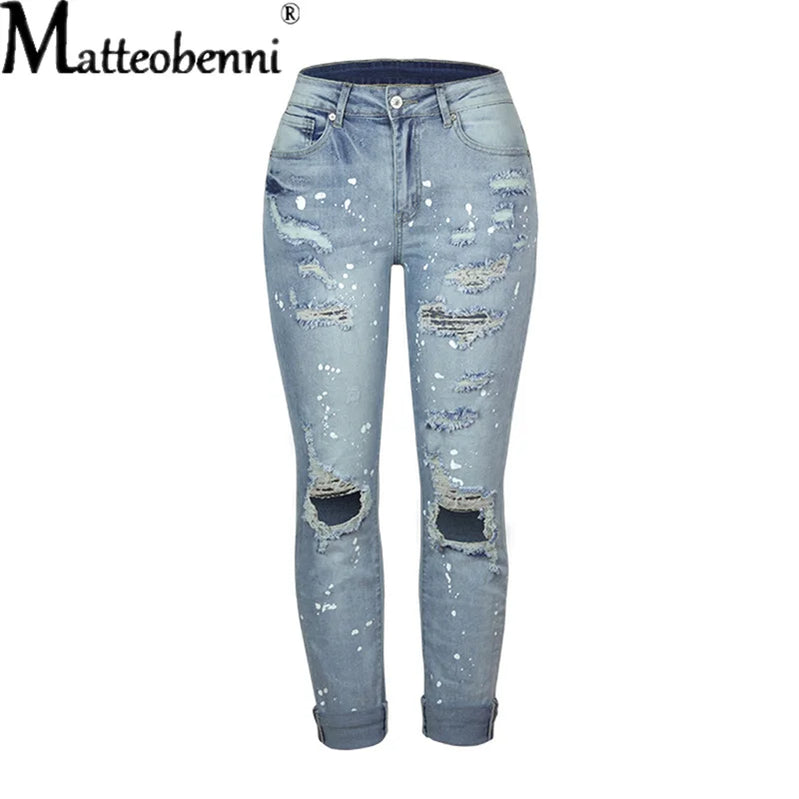 Women Stretch Ripped Distressed Skinny High Waist Denim Pants Shredded Jeans Trousers Slim Jeggings Ladies Autumn Straight Jeans