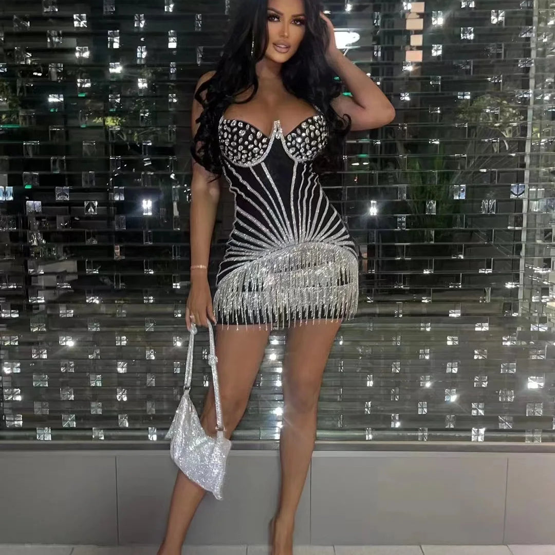 Top Hand-make Sparkly Rhinestones Women Sexy Halter Bodycon Mini Dress Chain Nightclub Bar Singer Performance Costume