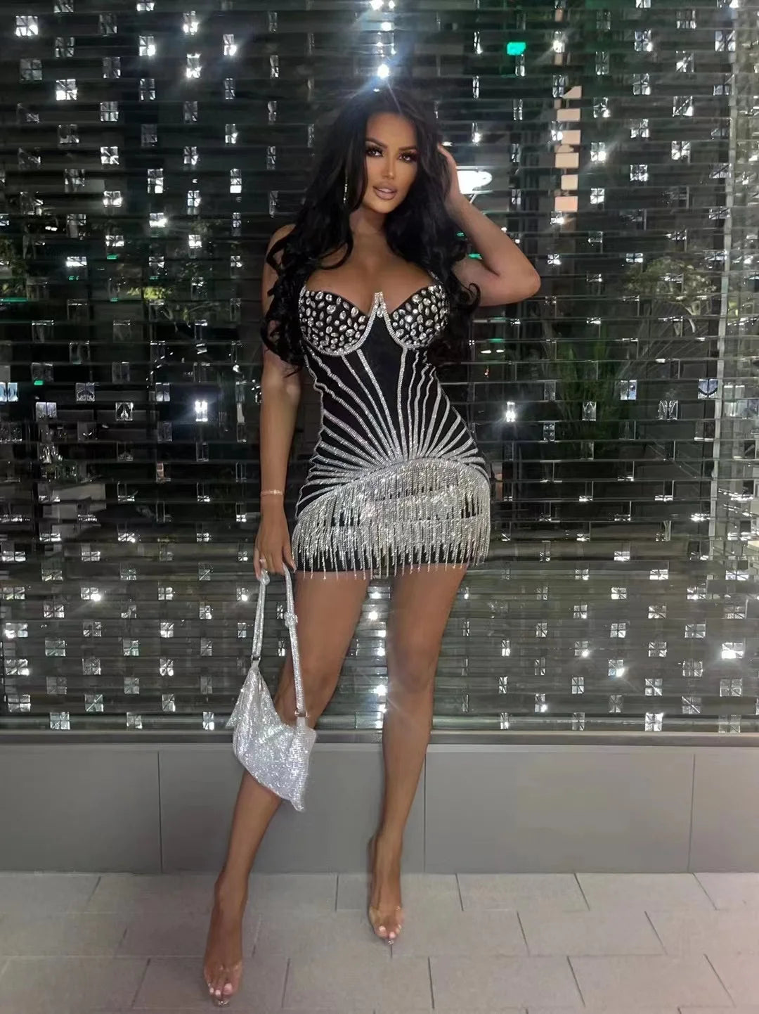 Top Hand-make Sparkly Rhinestones Women Sexy Halter Bodycon Mini Dress Chain Nightclub Bar Singer Performance Costume