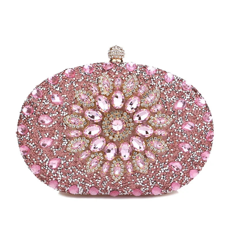 Rhinestones Women Bags Hollow Out Style Fashion Evening Bags Chain Shoulder Handbags Party Wedding Day Clutch Purse YM3108pink