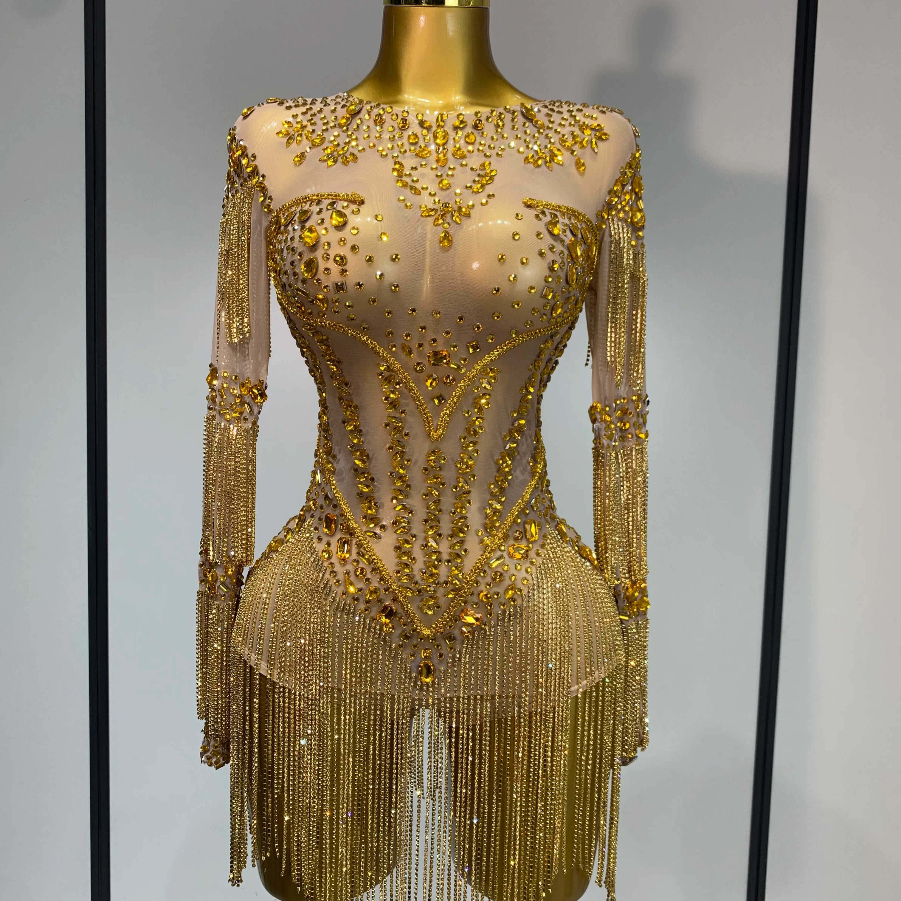 Luxury Birthday Evening Party Gown Sparkly Rhinestone Bodysuit Women Sexy Mesh See Through Performance Dance Stage Costume