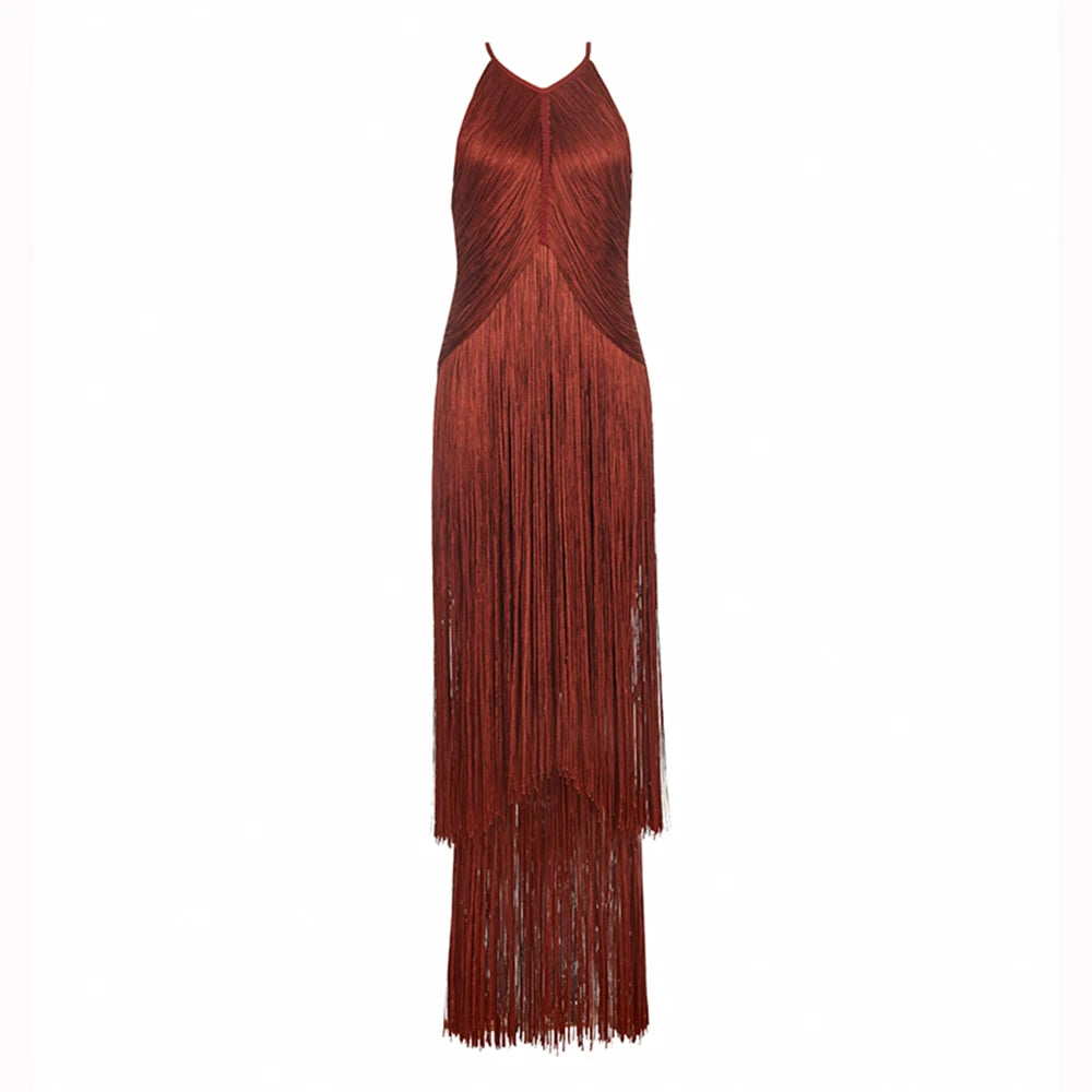 Modphy Sexy Tassel Ankle Bodycon Bandage Long Dress 2025 New Celebrity Elegant Evening Club Luxury Birthday Party Outfit ﻿