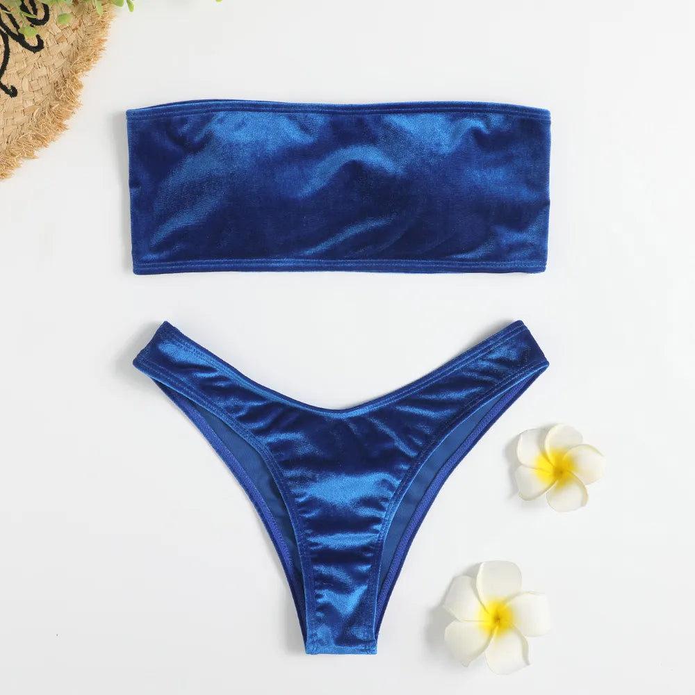 Velvet Bikinis 2023 Women Brazilian Bandeau Swimsuit Solid Sexy Swimwear Female Beachwear Bathers Bathing Swimming Swim Suit