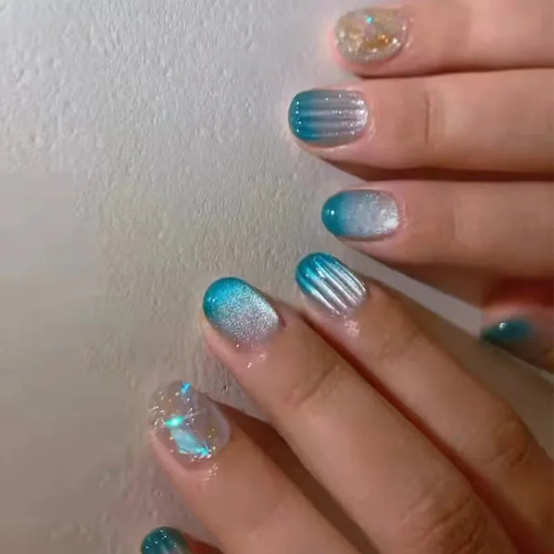 24pcs/set short middle fake nails super sparkling glitter flowers starry sky ballet square almond tips press on false nails art