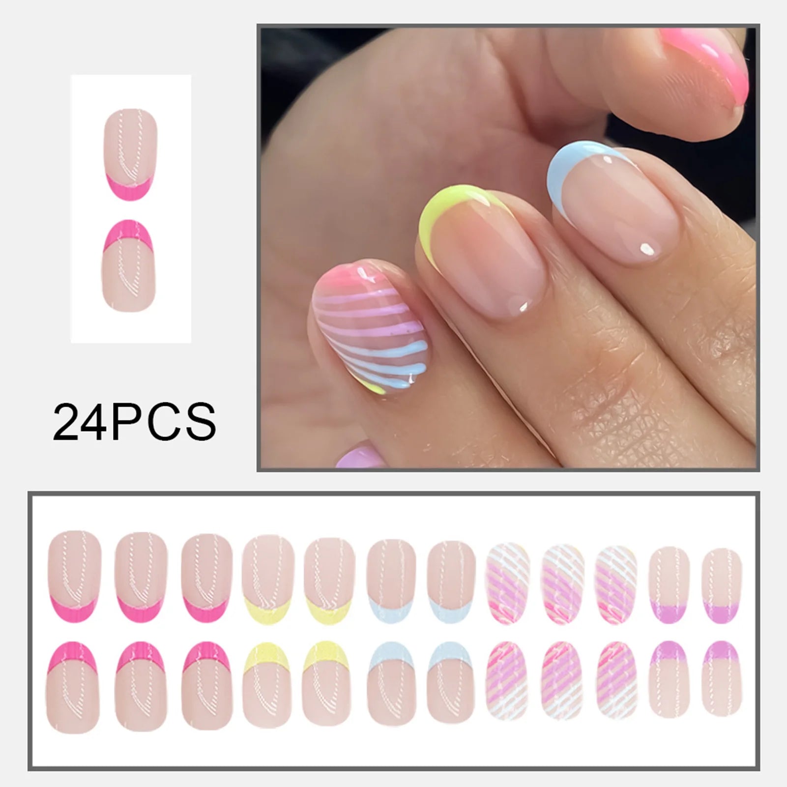 24PCS Colorful French False Nails Diagonal Stripe Design Short Round Fake Nails Elegant Press On Nail Tips for Women Girls
