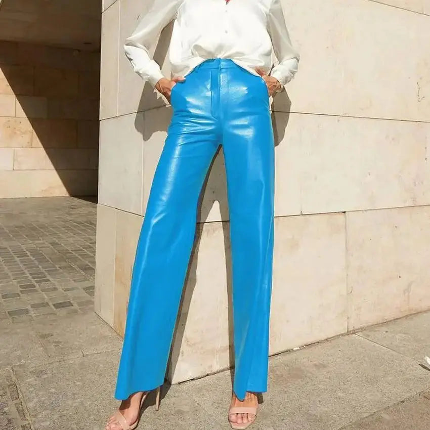 Europe and the United States wind women's spring PU leather mid-high waist hip lift straight ladies casual pants women's pants Lake Blue