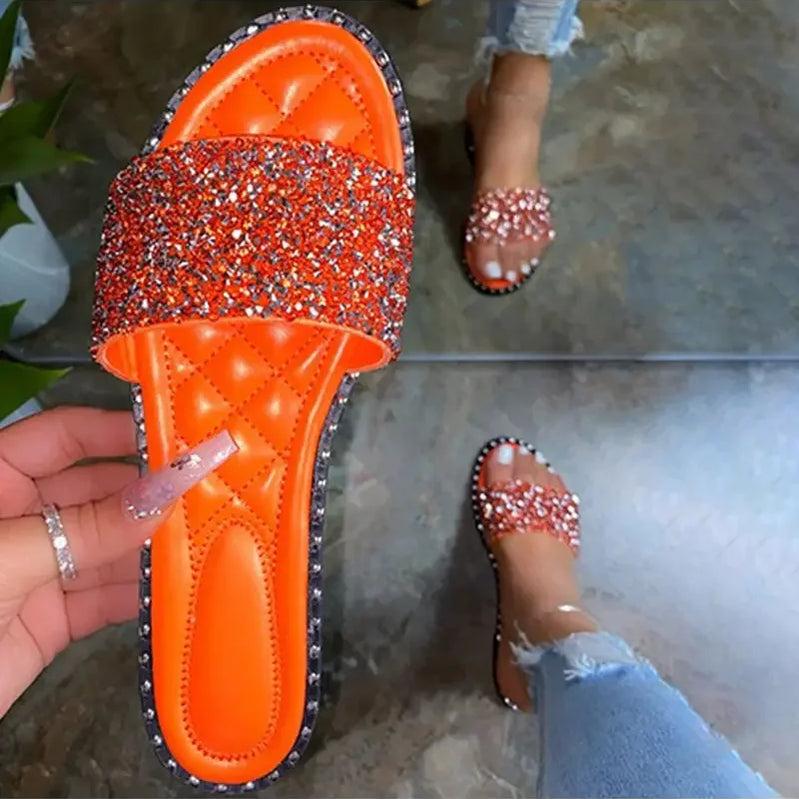 Women Crystal Slippers Ladies Bling Flats Female Fashion Outdoor Beach Shoes Female Footwear Women Summer Slides Plus Size orange