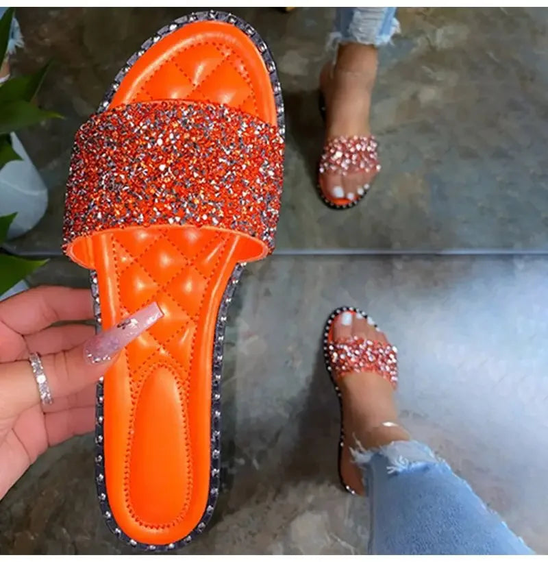 Women Crystal Slippers Ladies Bling Flats Female Fashion Outdoor Beach Shoes Female Footwear Women Summer Slides Plus Size orange