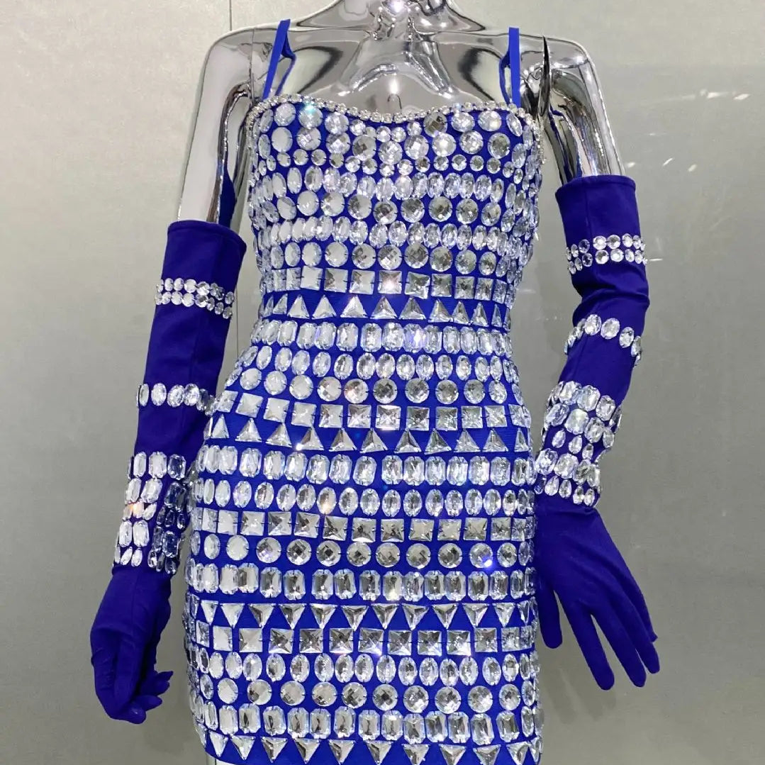 Dazzling Diamonds Strapless Mini Dress And Oversleeve 2 Pieces Fashionable Woman Birthday Party Outfit Performances Costume