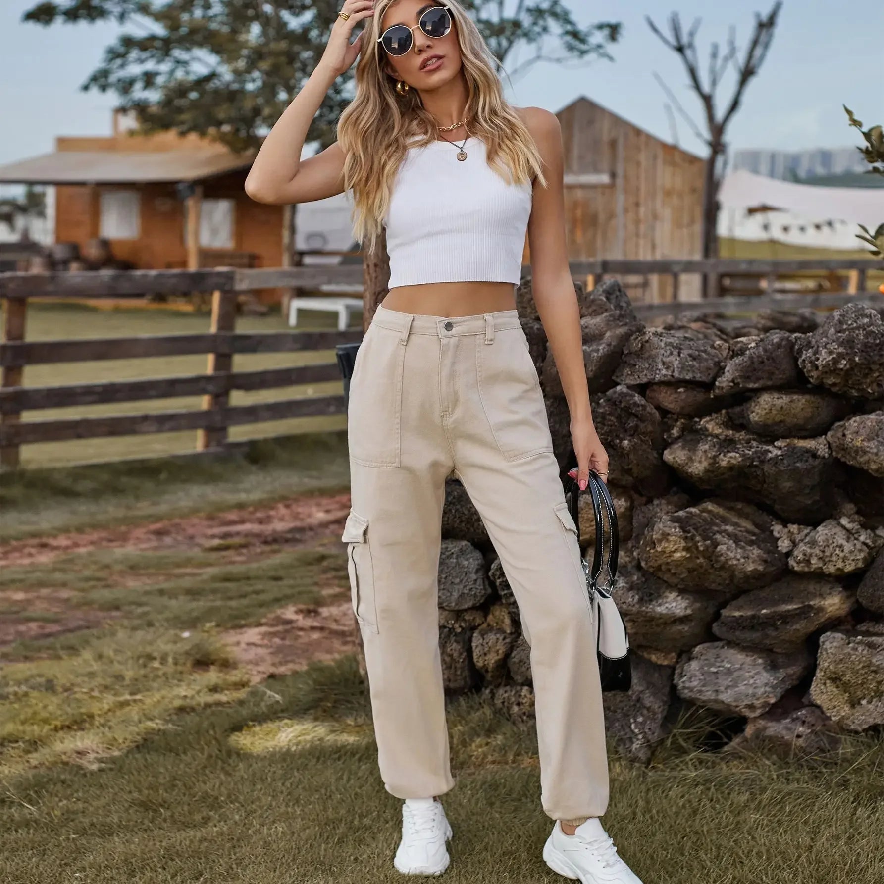 Women's trend cargo pants women New denim with semi elastic design personalized and versatile workwear pants Skinny light khaki