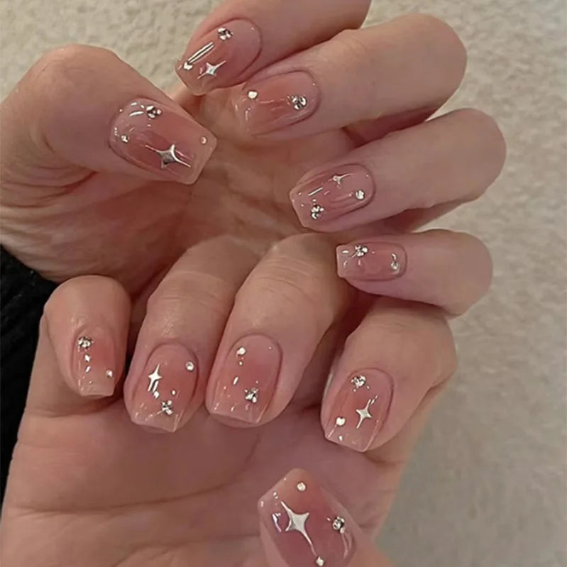 24Pcs Short Square Head Full Cover Nails Tips Cat's Eye Silver Gradient Fake Nail Bow Rhinestone Detachable Press on False Nails