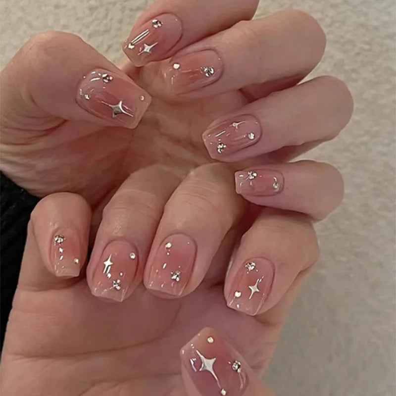 24Pcs Short Square Head Full Cover Nails Tips Cat's Eye Silver Gradient Fake Nail Bow Rhinestone Detachable Press on False Nails