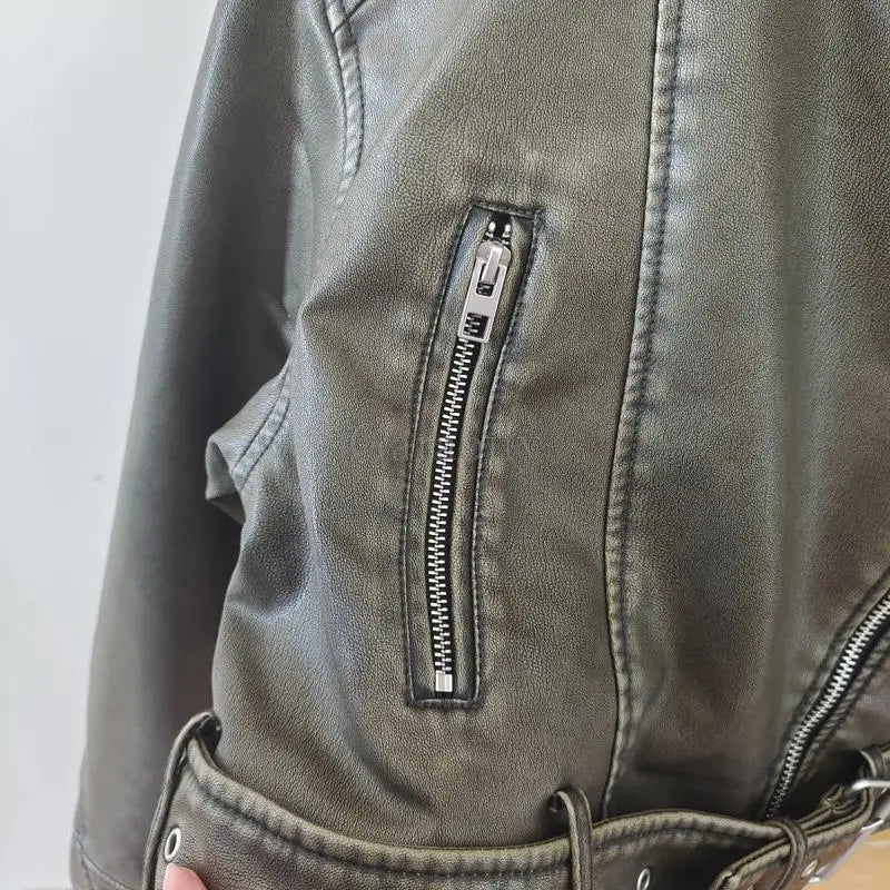 Spring Woman Faux Leather Jacket Chic Vintage Short Lapel Zipper Belt Biker Coats Fashion Streetwear Mujer Tops