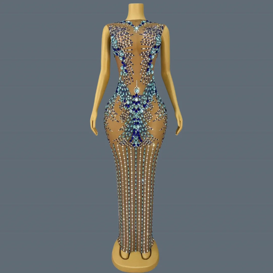 Sparkling Rhinestone See Through Mesh Evening Gown Birthday Celebrate Prom Sexy Long Dress Nightclub Cocktail Party Lantianyise