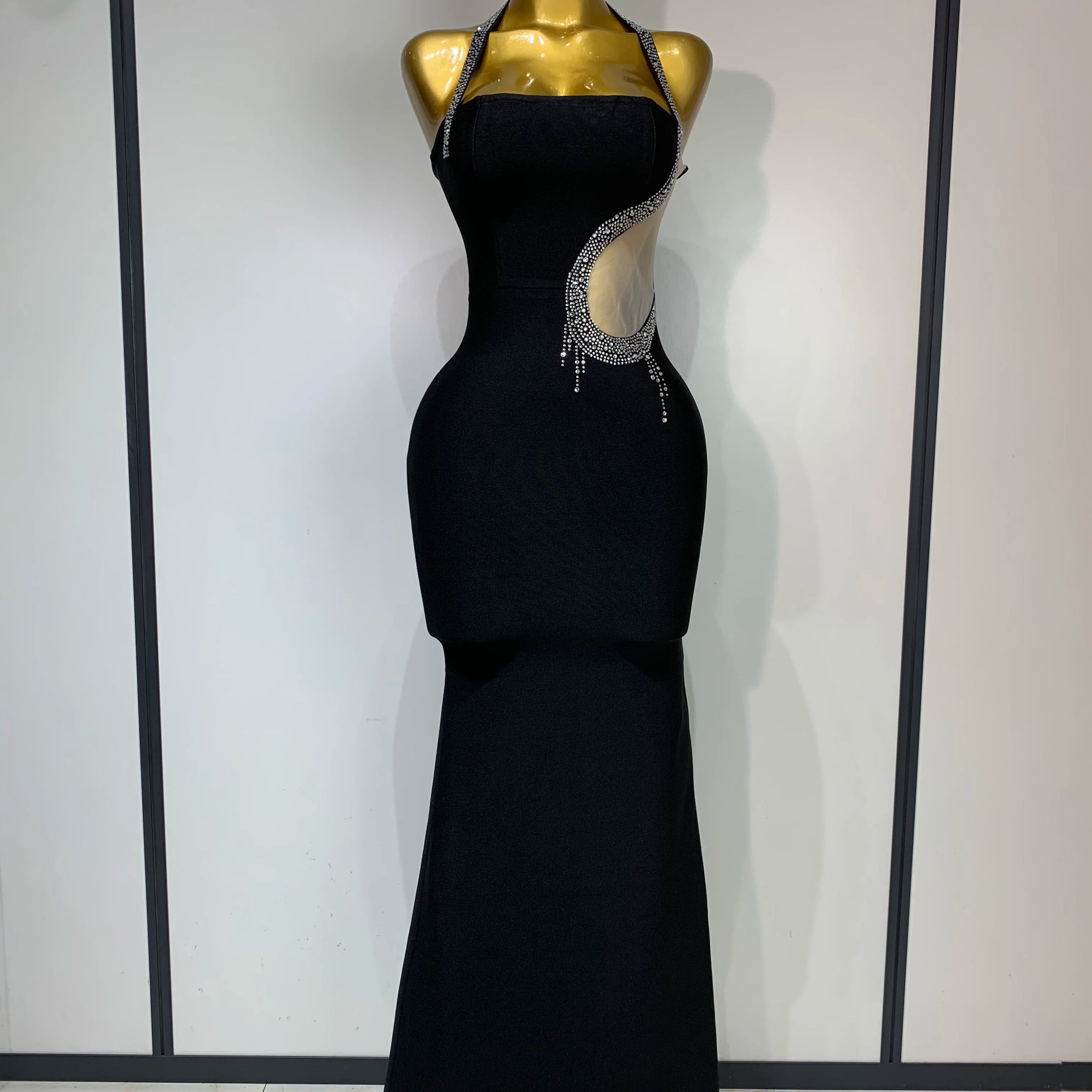 Women Sexy Rhinestone Halter Long Bandage Bodycon Dress 2025 Celebrity Elegant Evening Party Luxury Birthday Wedding Dresses