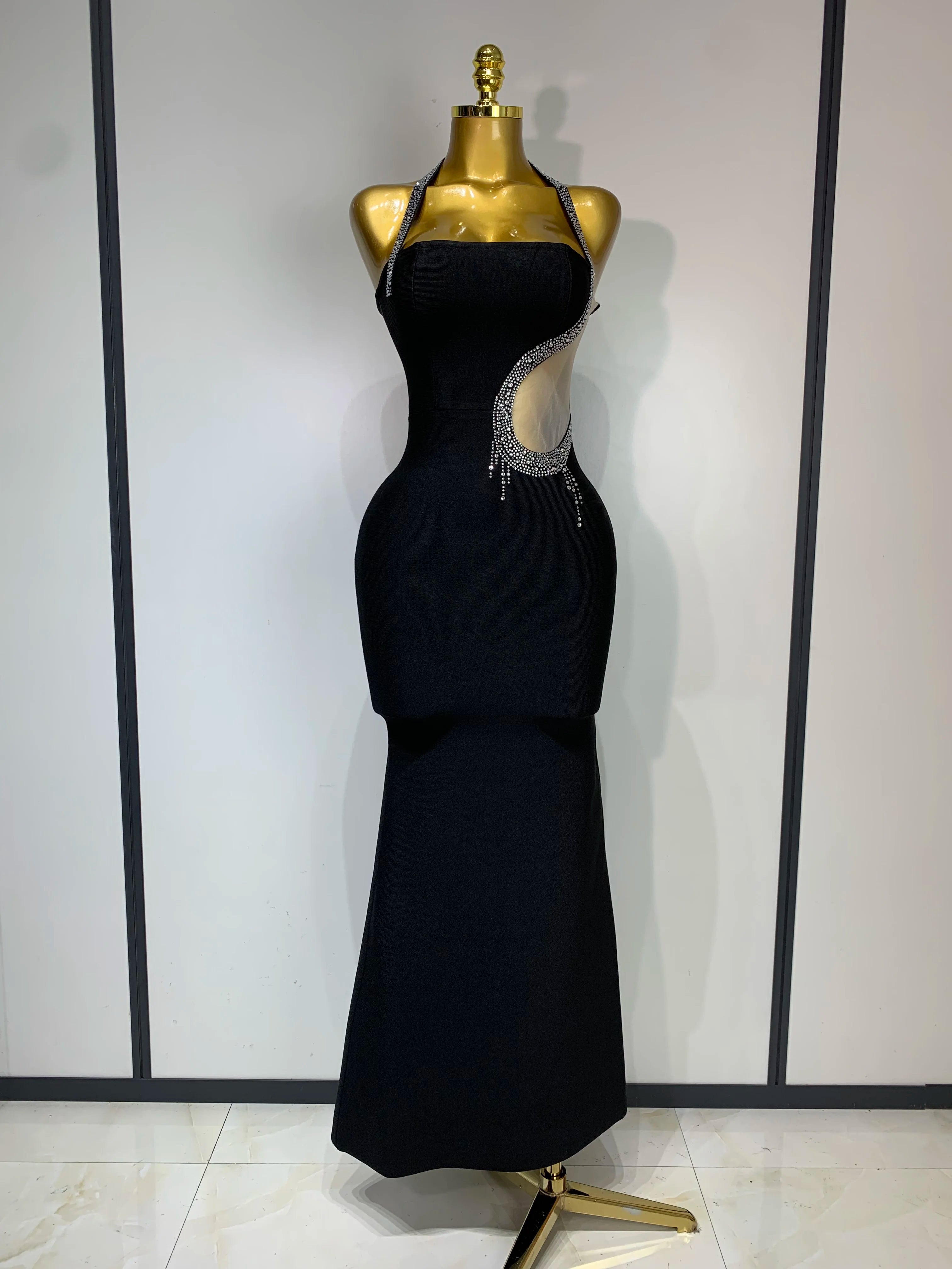 Vestido longo bandagem colado com strass sexy feminino 2025, elegante, festa noturna, luxo, aniversário, casamento