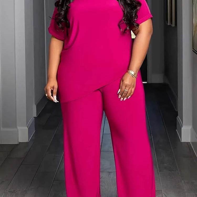 Plus Size Woman Clothing Summer Suit with Pants Casual Loose 2 Piece Sets Trousers and Top Solid Color Wholesale Dropshipping