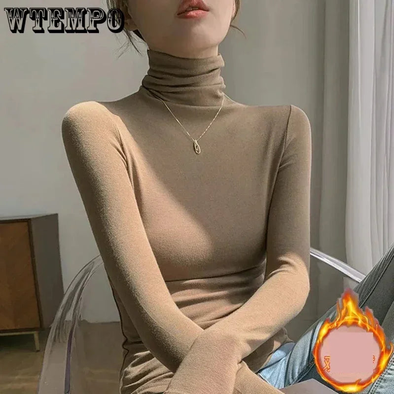 Turtleneck Undershirt Thin Velvet Slim Solid Color Women's Long Sleeved Pullover Simple Casual Korean Fashion Autumn Winter