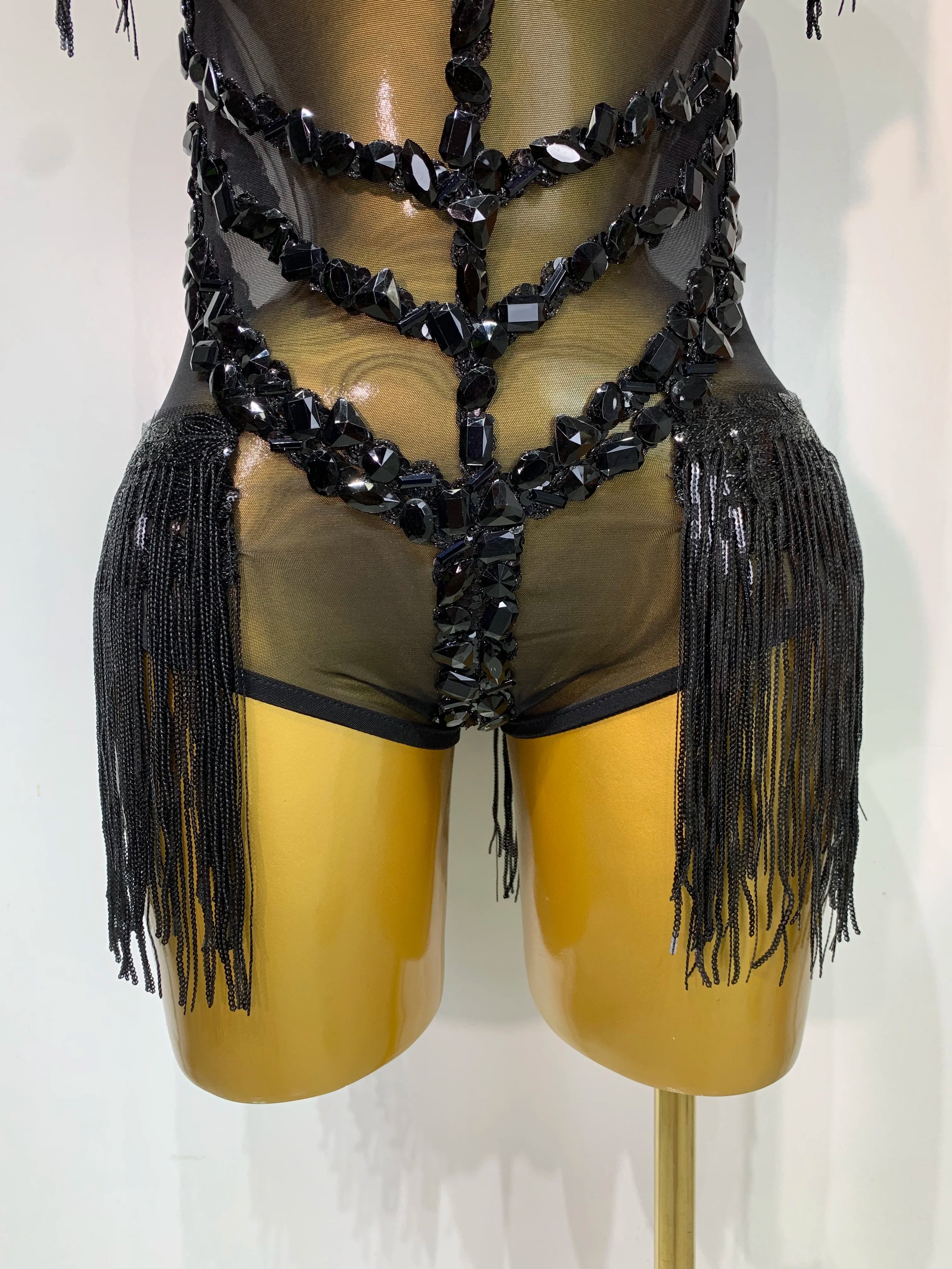 Sexy Mesh SeeThrough Black Rhinestone Bodysuit Singer Dancer Show Stage Outfit Celebrate Birthday party Club Performance Waer