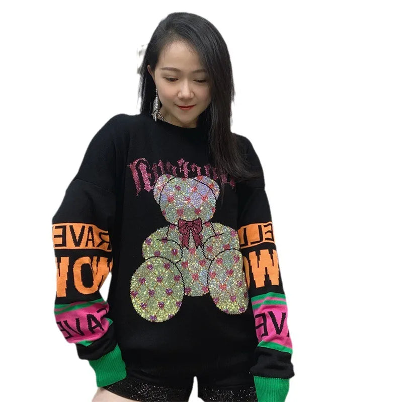 Fashion Cartoon Bear Rhinestone Long Sleeve Sweater Female New Round Neck Black Cotton Long knitted Sweater Pullover For Women
