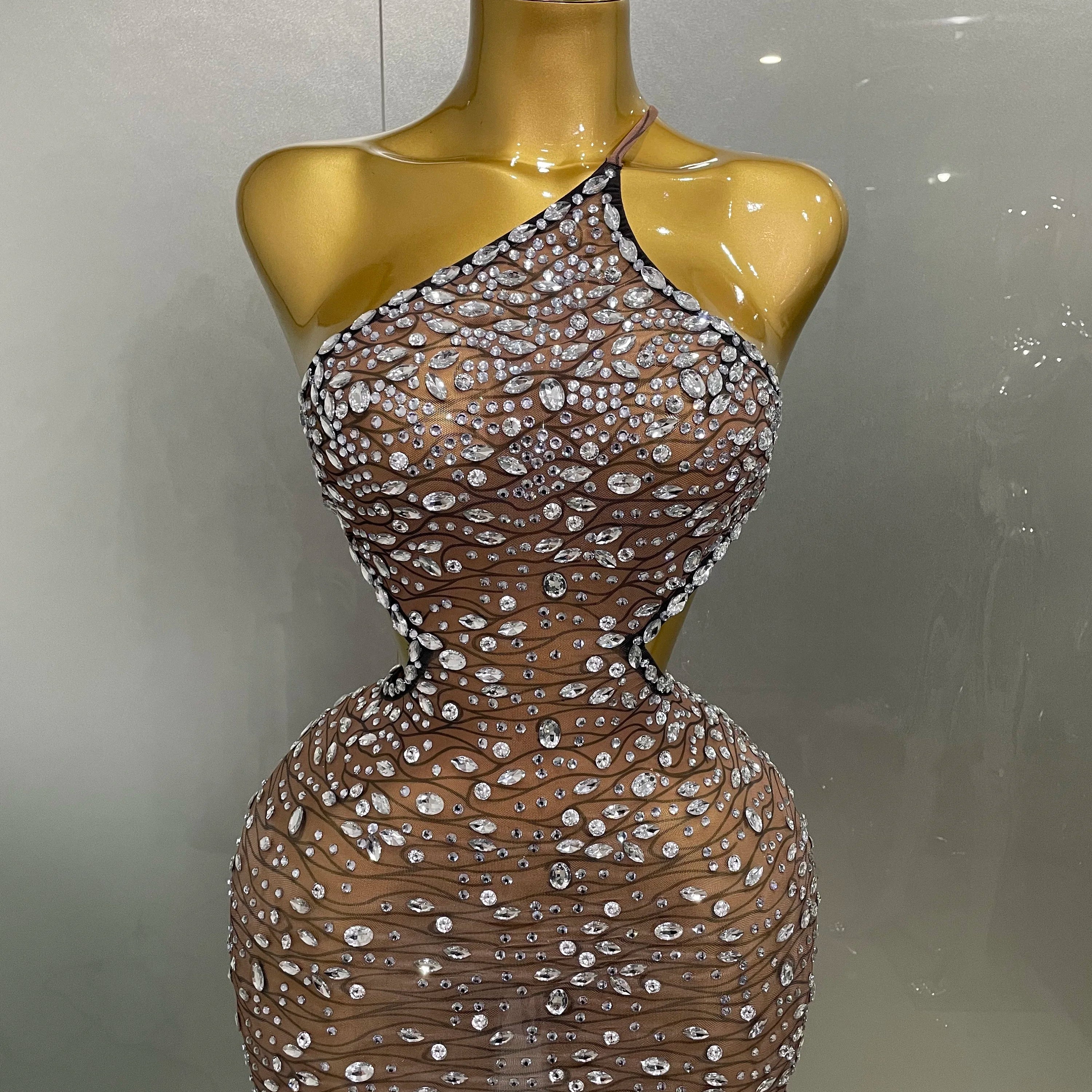 2025 New Sexy Shiny Diamond Hollow Out Backless Short Dress Women Evening Celebrate Prom Birthday Party Nightclub Stage Costume