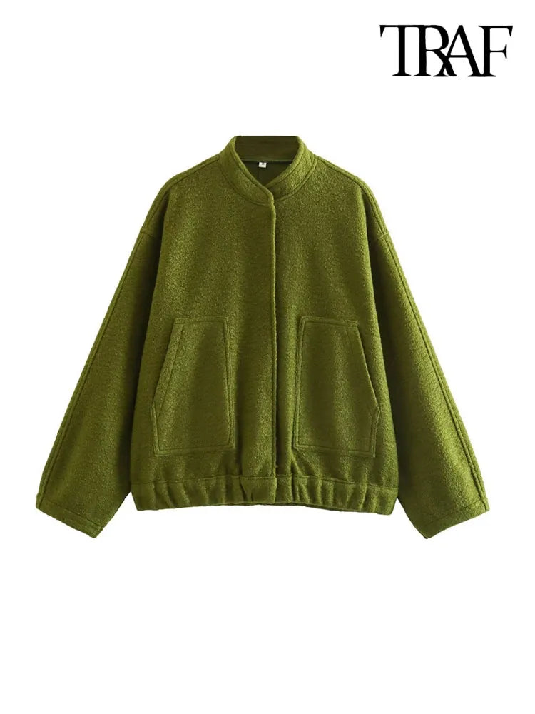 Women Fashion With Pockets Oversized Bomber Jacket Coat Vintage Long Sleeve Snap Button Female Outerwear Chic Tops