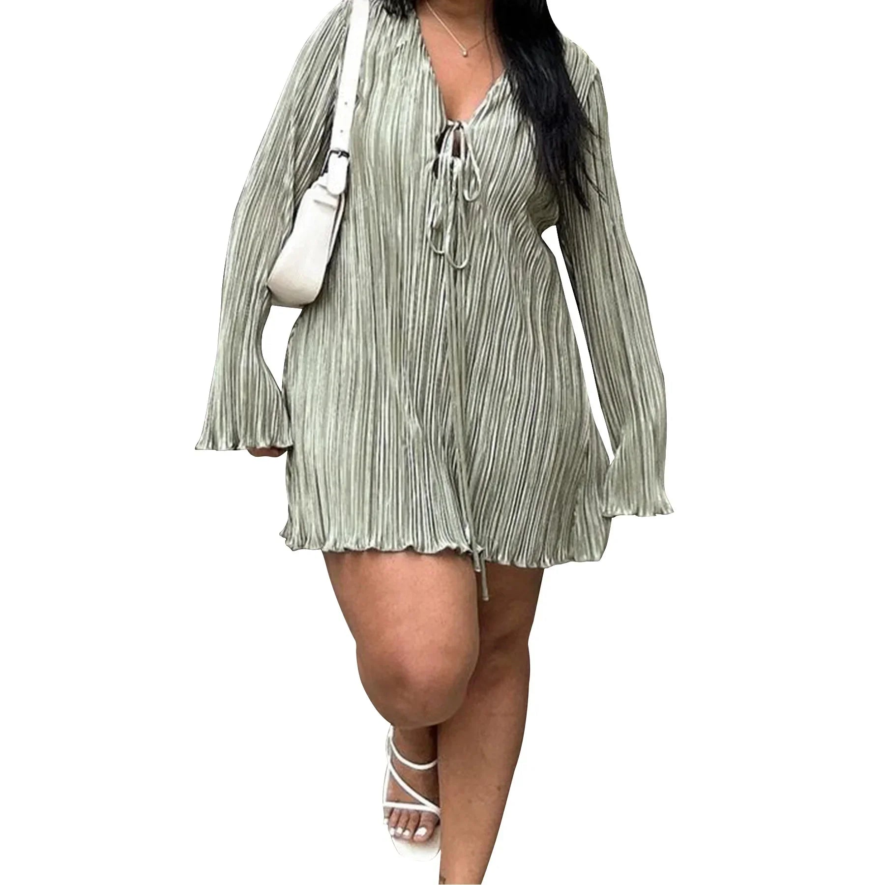 CM.YAYA Long Sleeve Women V-neck Pleated Dress Casual Streetwear Plus Size Mini Dresses 2024 Autumn Slim Party Casual
