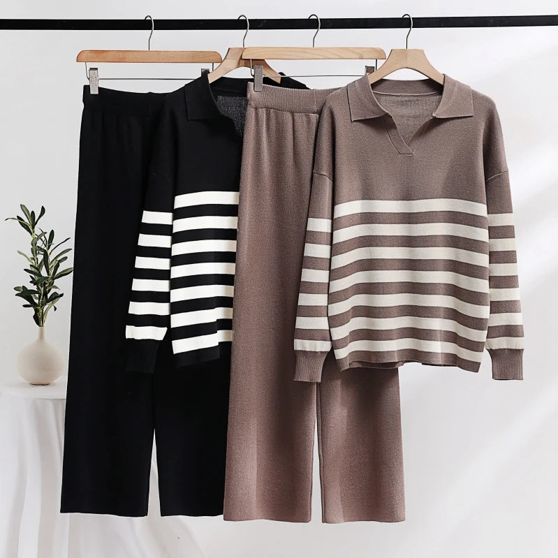 Winter Knit Tracksuit Two Piece Set Striped Sweater Matching Sets Women Knit Suit Knitted Two Piece Pants Sets For Women 2023