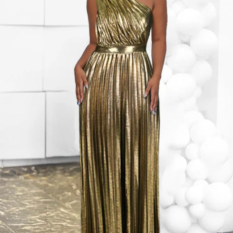 Elegant Women Even Dresses Luxury Maxi Long Metallic Pleated Dress One Shoulder Sleeveless Premium Shiny Shimmer Gowns Big Size Gold