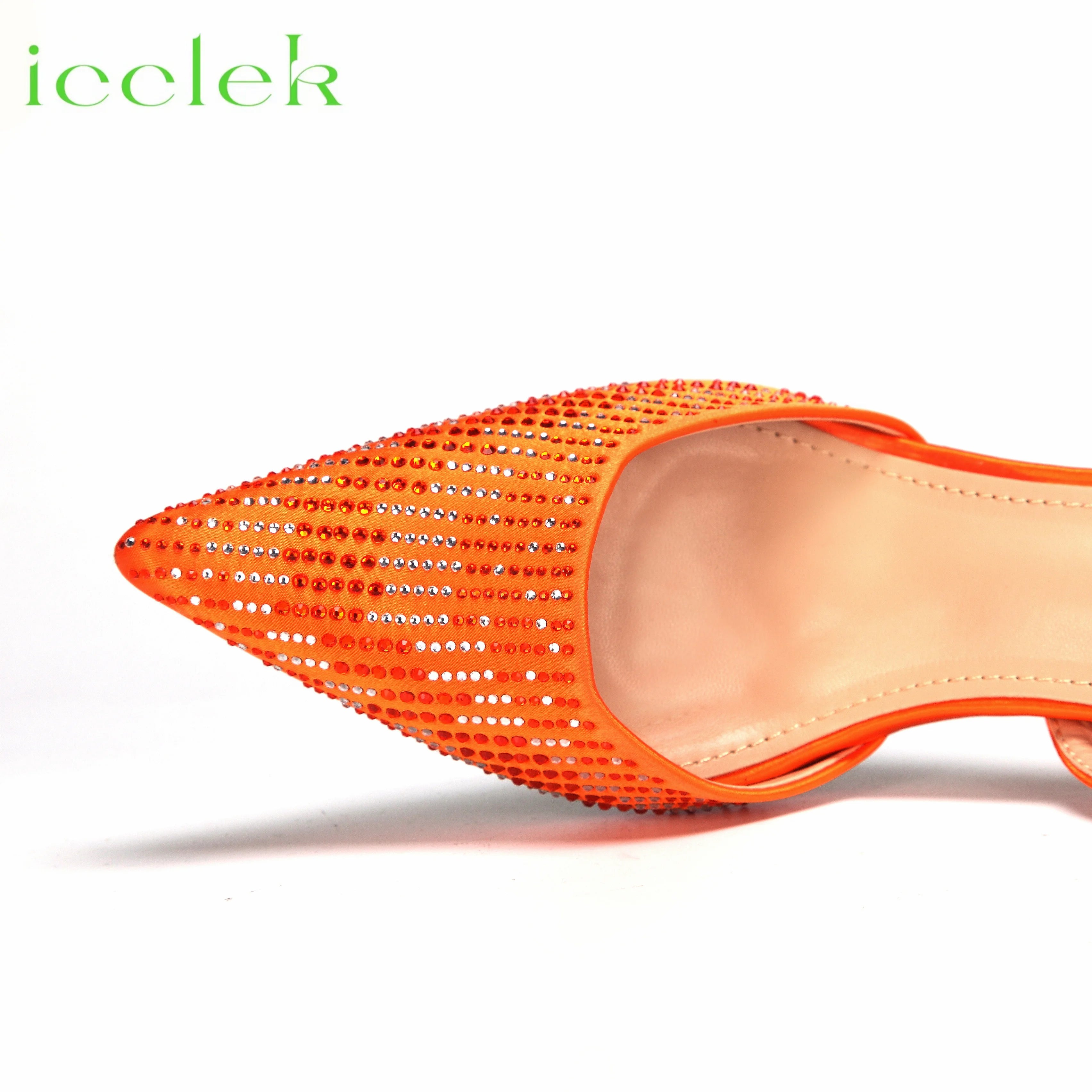 Orange Color Pointed Toe Decorated with Bling Bling Rhinestones Design Ladies Shoes Matching Bag Set For Party