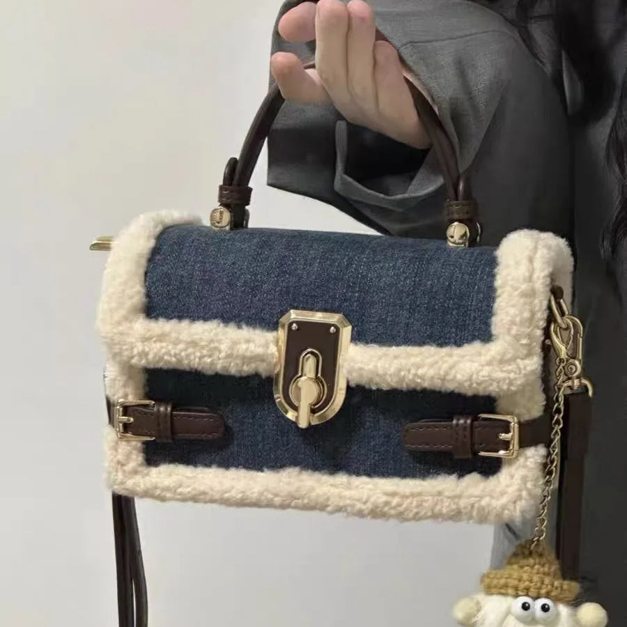 Luxury Women Brand Cashmere and Denim Patchwork Crossbody Bag Retro Flap Messenger Bag Blue